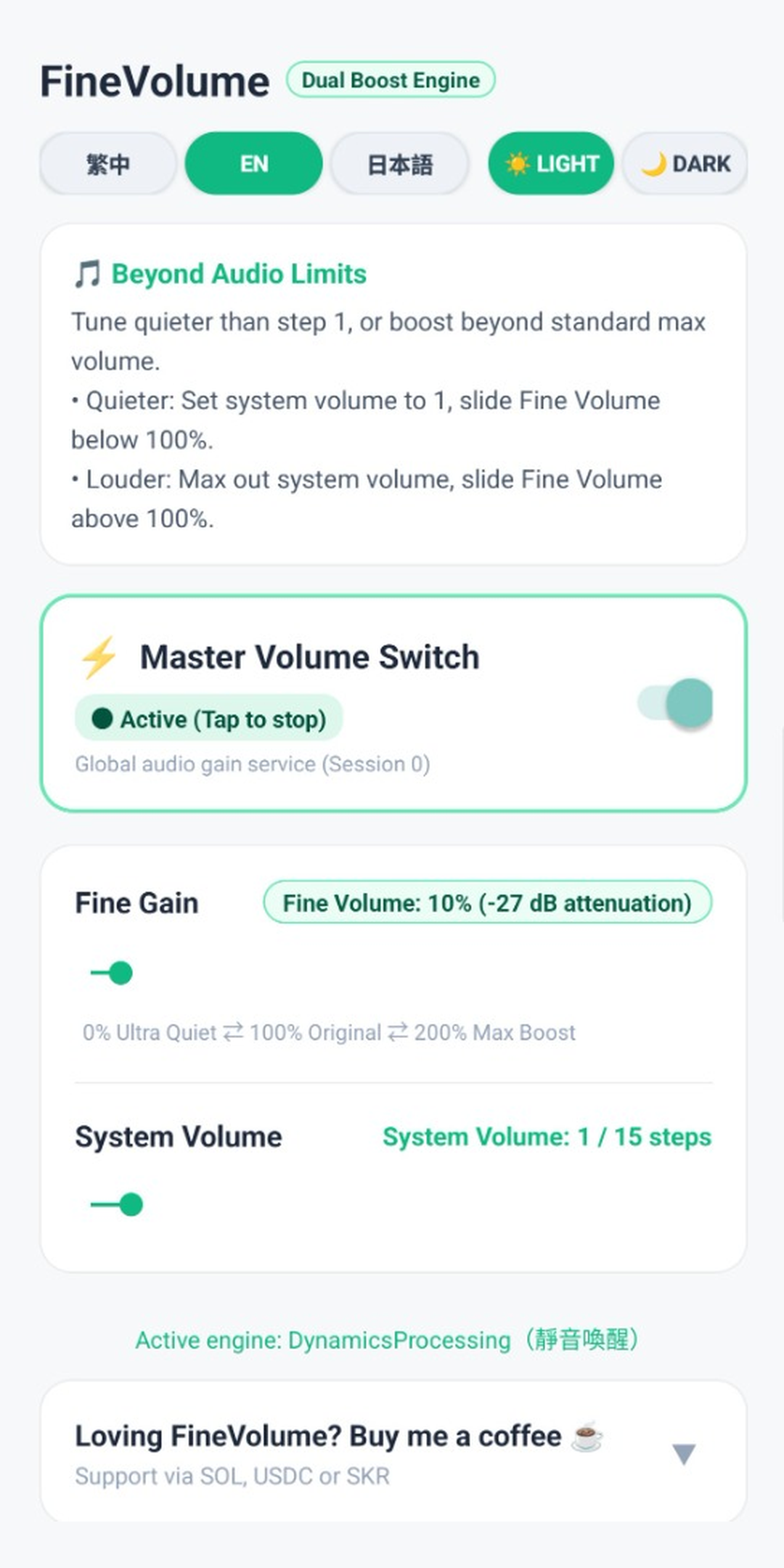 Volume App running on Android phone