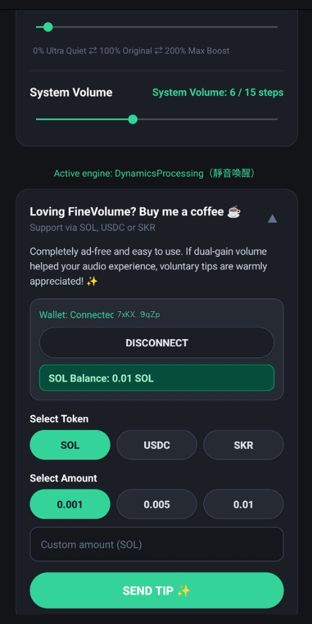 Solana Tip Jar and Dark Theme